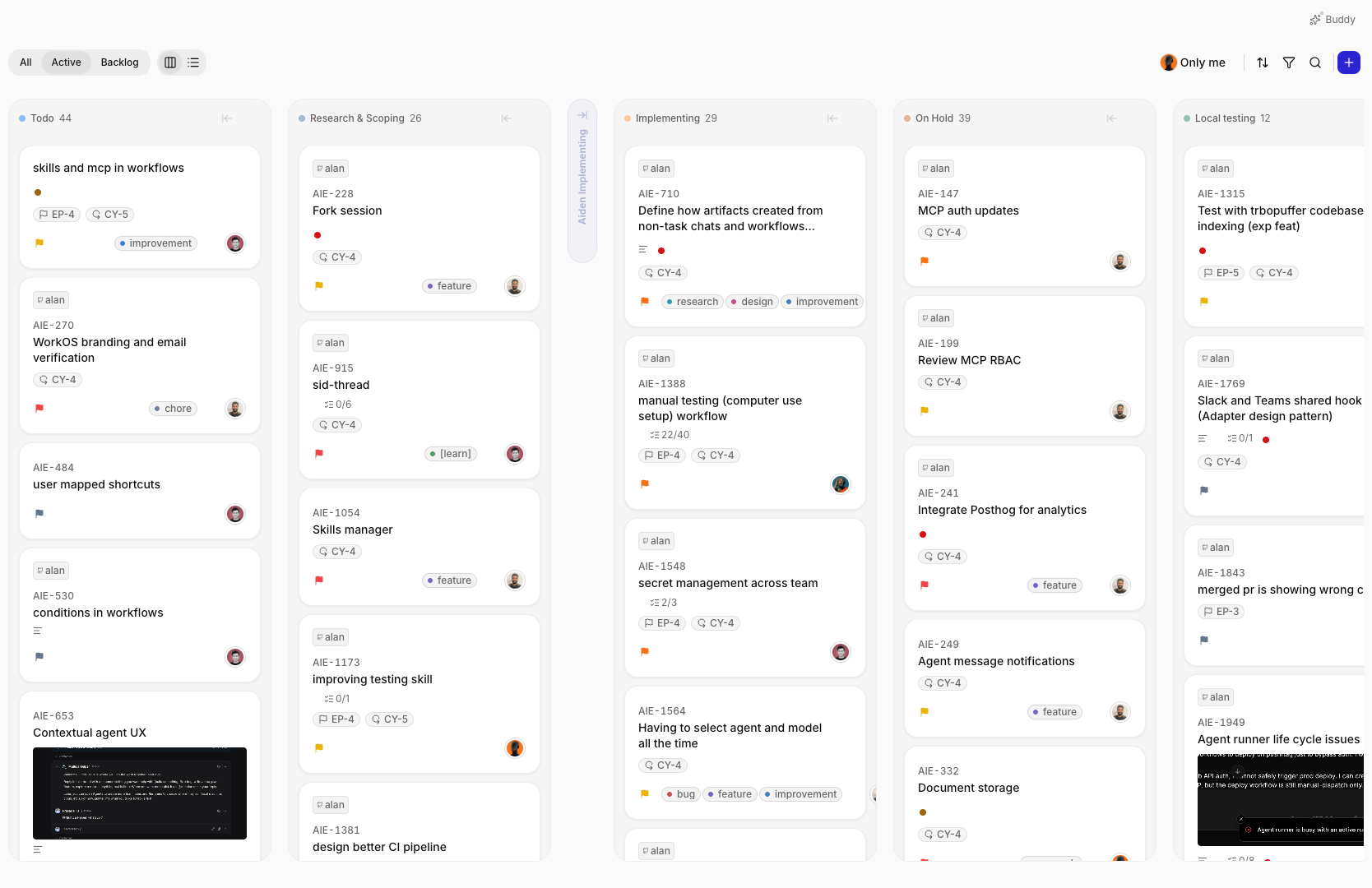 Alan sprint board with tasks routed across people and coding agents